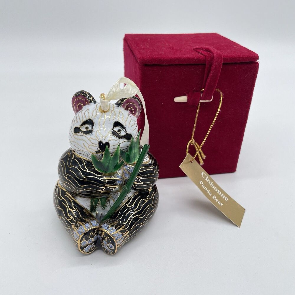 Cloisonné Panda Bear Christmas Ornament 3 1:4” Enamel Bamboo w/ Velvet Box